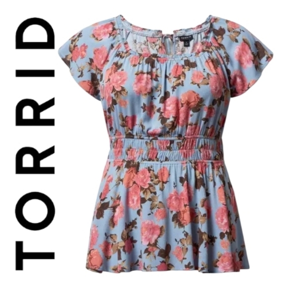 torrid Tops - Torrid Babydoll Gauze Short Flutter Sleeve Top Light Blue Pink Floral
